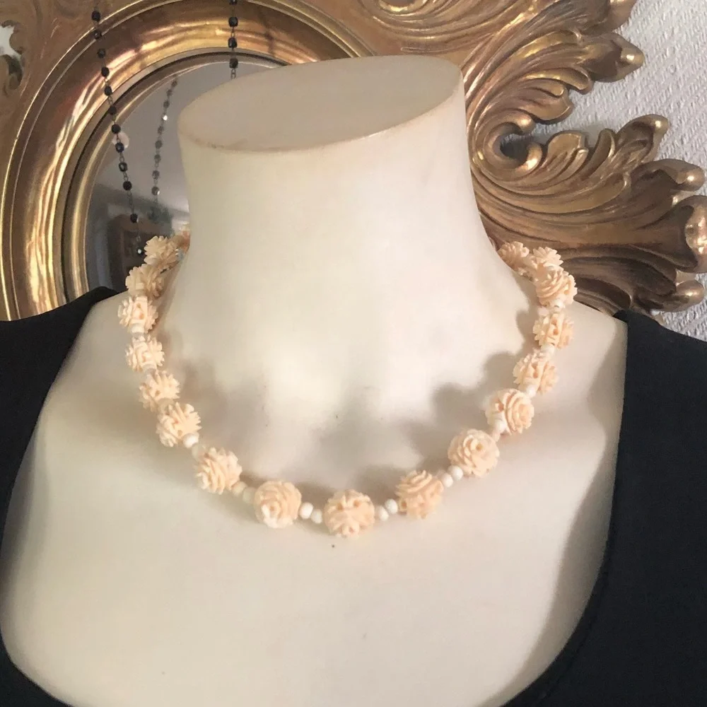 Antique Carved Roses Ivory Necklace